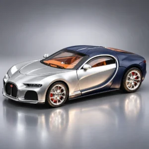 Bugatti Atlantic 1:24 die-cast model car in silver and dark blue