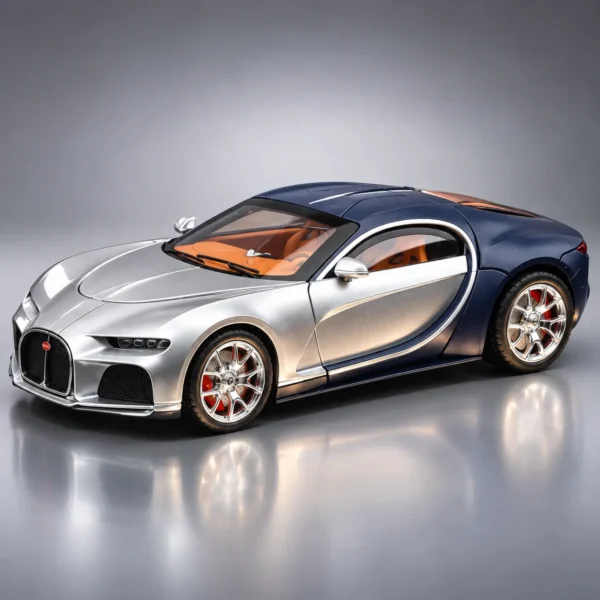 Bugatti Atlantic 1:24 die-cast model car in silver and dark blue