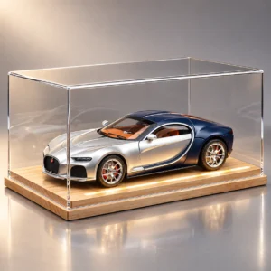 Bugatti Atlantic 1:24 model car with acrylic display case and illuminated base